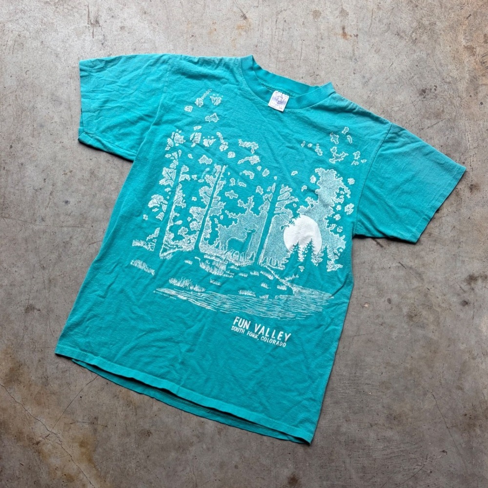 Vintage 90s Delta Fun Valley Colorado Deer T-Shirt Teal Green Mens Large USA